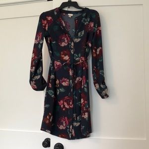 Navy floral print button down dress with tie